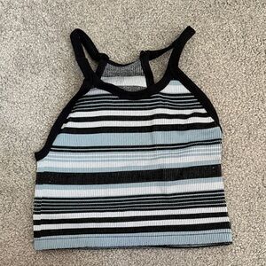 Striped Ribbed Tank Top in Black, White & Light Blue